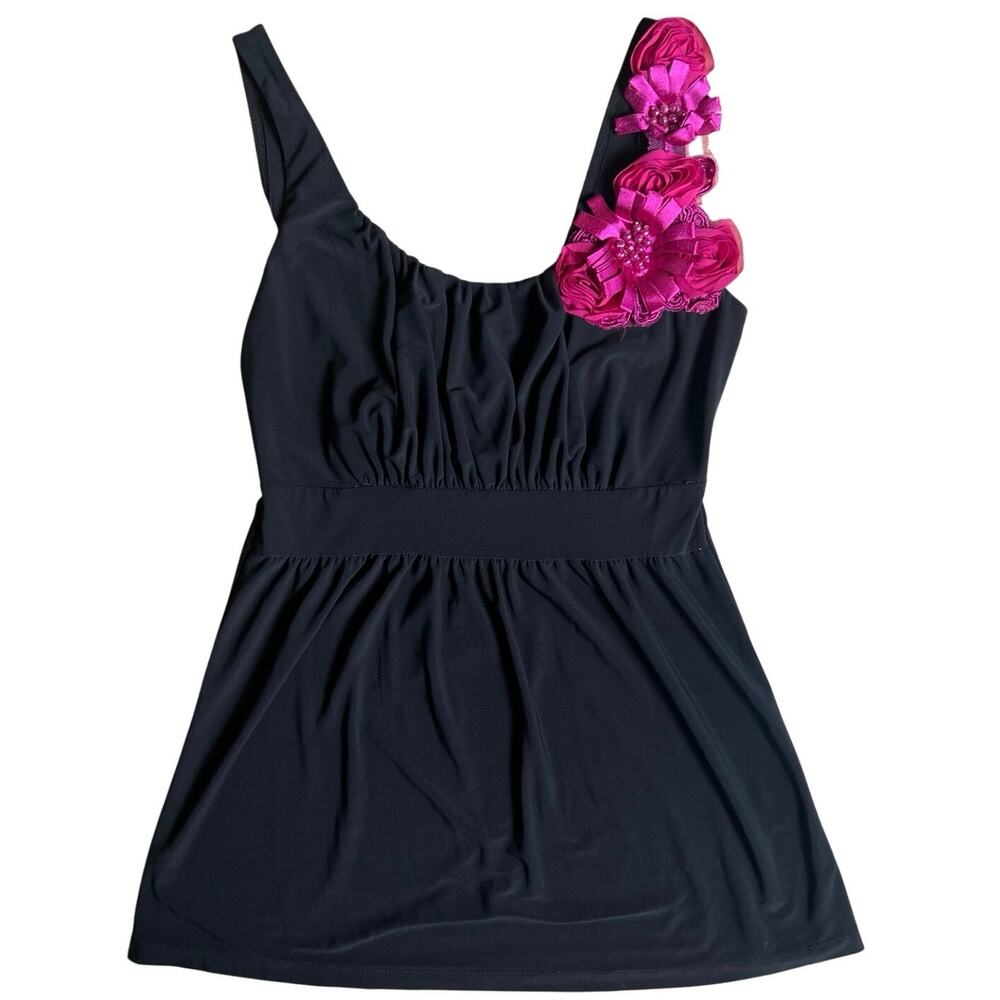 Studio Y Sleeveless Halter Top Blouse Floral Tie Waist Open Back XS Black Top